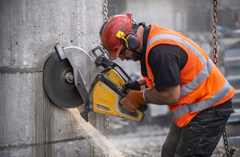 Worker using a handheld concrete saw for cutting